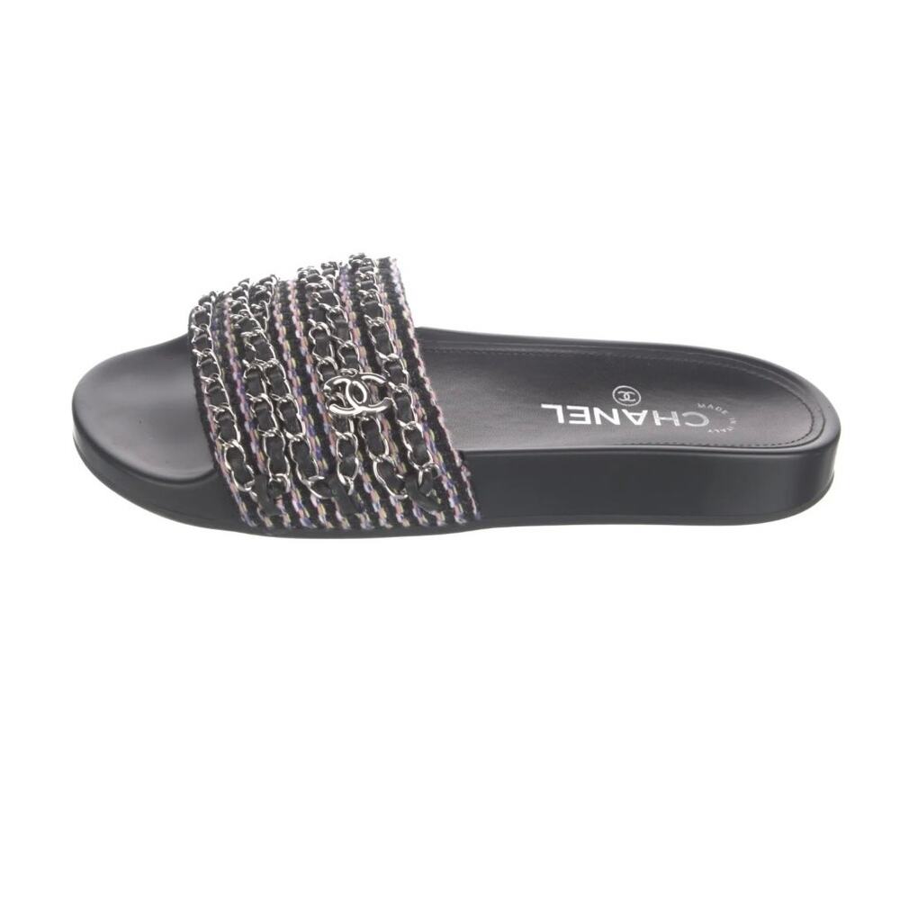 Chanel 2017 Interlocking CC Tweed Slides Chain Logo Sandals 41